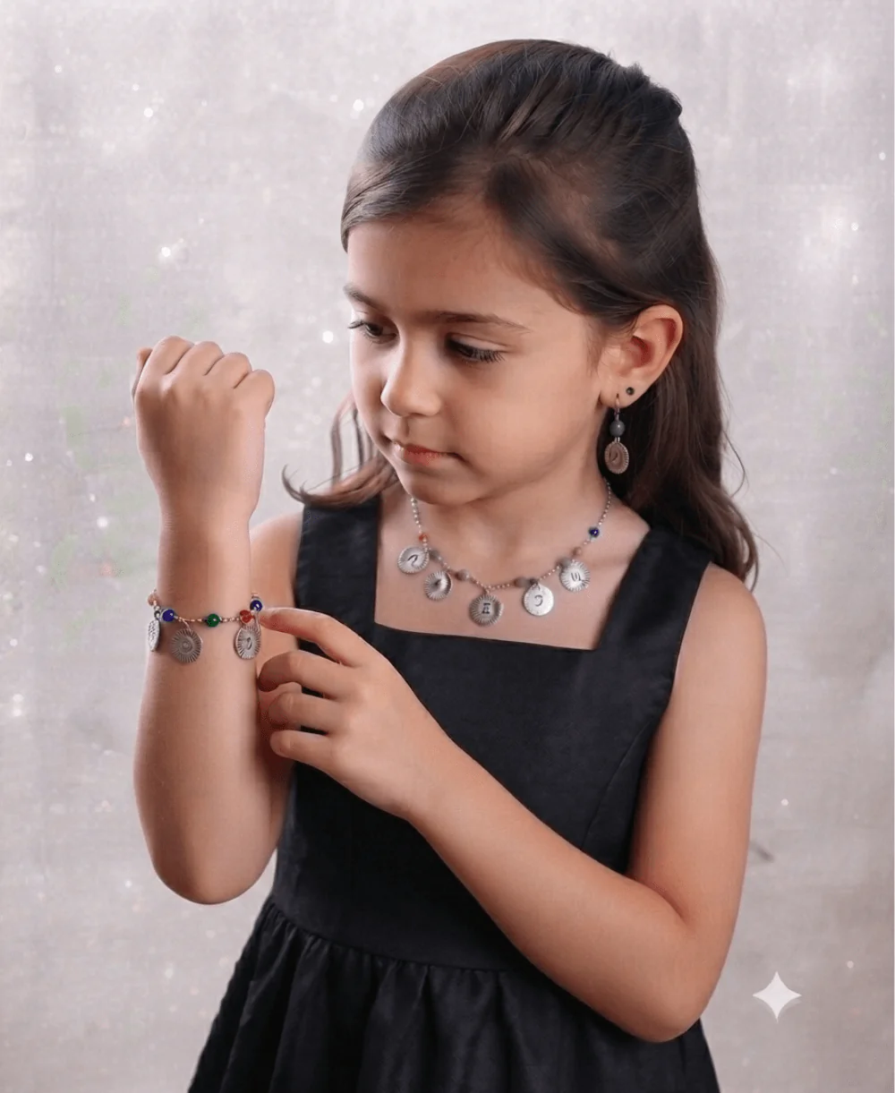Palki Silver Coin Charm Rainbow Jewellery Set – Colourful Coin Charm Necklace, Bracelet & Earring Set