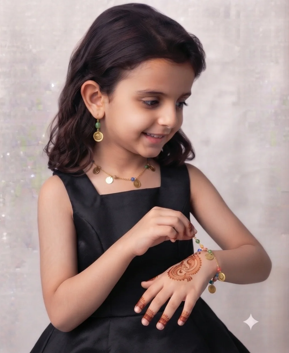 Palki Golden Coin Charm Rainbow Jewellery Set – Colourful Coin Charm Necklace, Bracelet & Earring Set